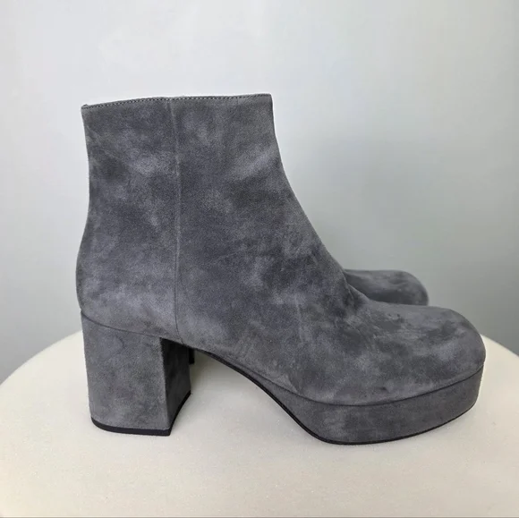PRADA Grey Suede Platform Retro Block Chunky Heel Ankle Bootie Round Toe 38 - Picture 3 of 14
